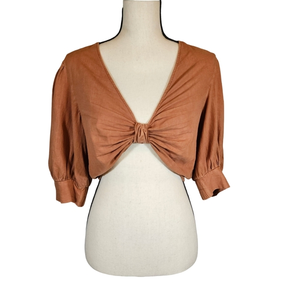 Young Fabulous&Broke Linen Blend Cropped Knot Front Miranda Top, Orange, Small - Picture 1 of 15
